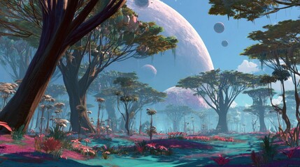 Colorful alien forest landscape