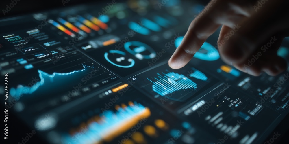 Poster Detailed Close-Up of Hand Interacting with Modern Digital Data Dashboard Displaying Charts, Graphs, and Analytical Metrics in a Business Environment