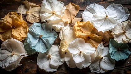Hand Painted Tissue Paper Flowers Composition Displayed on a Rustic Wooden Surface in Warm Tones