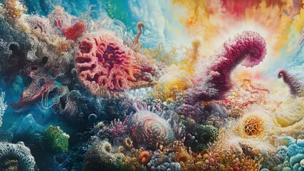 An abstract painting of corals and coral reefs