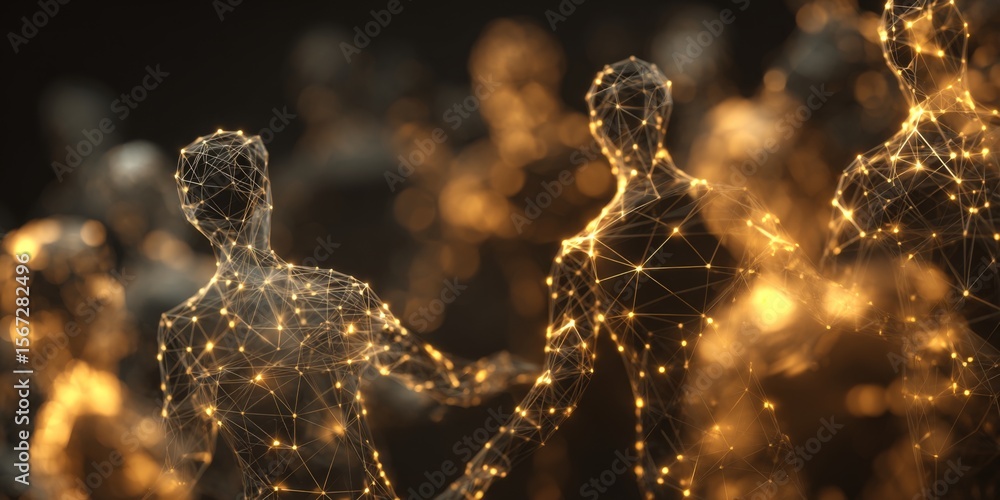 Poster abstract representation of human connections with glowing network figures in a digital environment