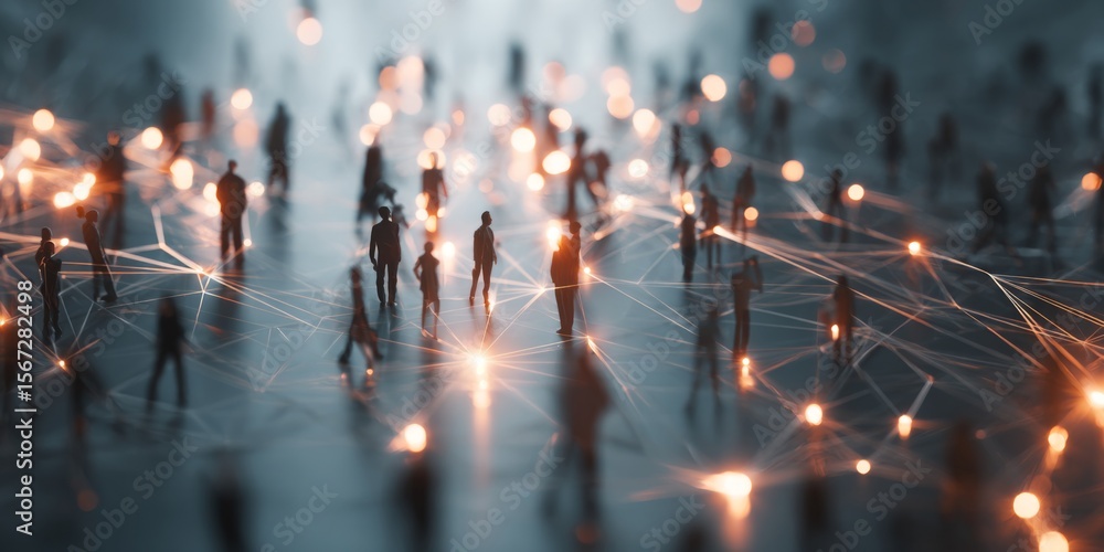 Poster Abstract representation of connected people in a digital network with glowing light points creating a futuristic atmosphere of collaboration and interaction