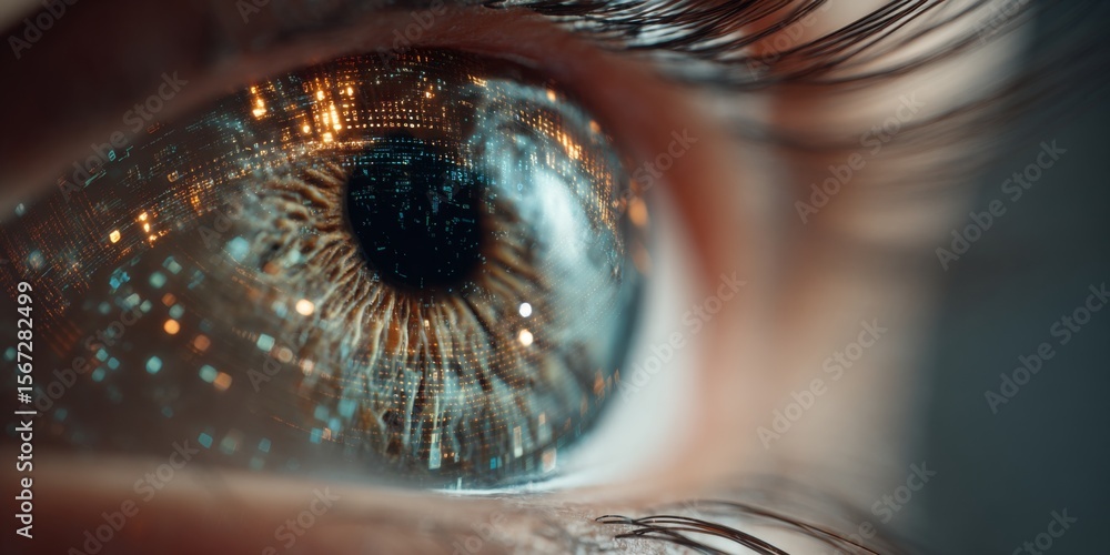 Poster close-up of a human eye with digital data reflections, showcasing technology, vision, abstraction, a