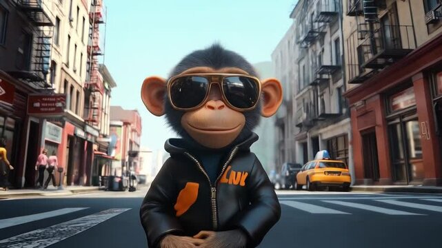 Cool Monkey in Sunglasses and Jacket on City Street