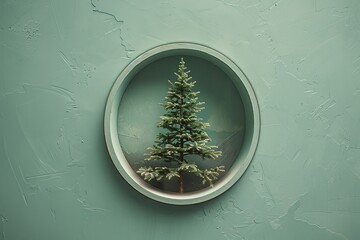 3D Christmas tree in a round frame on a green background, Ai generated