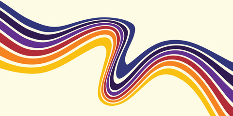 Abstract colorful 70s background vector. Vintage retro wallpaper with rainbow stripes and wavy lines. A 1970 color illustration suitable for posters, banners, decorative items and wall art.