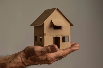 A man's hand holds a model of a house on a gray background, Ai Generated