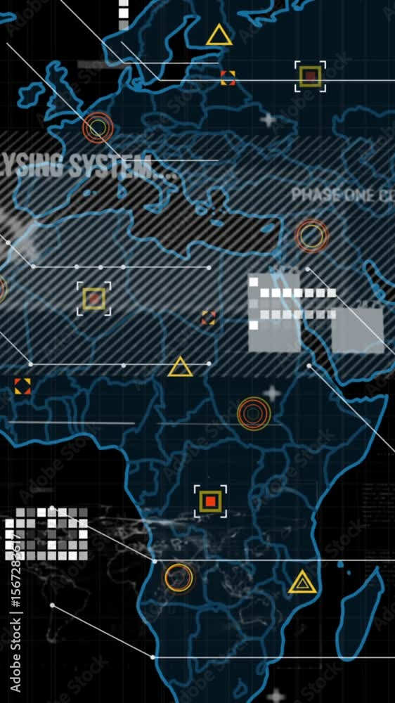 Poster animation of data processing over world map on dark background
