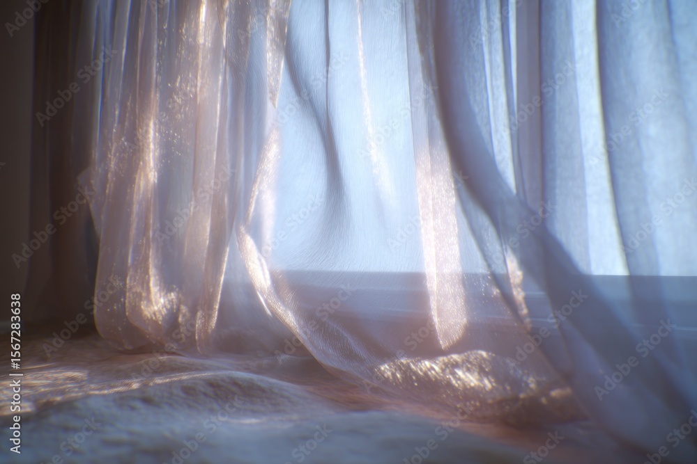 Poster sheer white curtains gently filtering sunlight into a room creating a soft and ethereal atmosphere