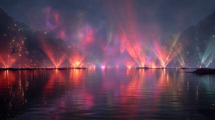 Golden holographic beams reflecting on dreamlike water