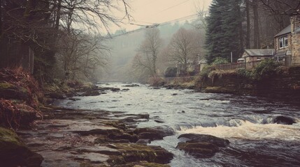 Misty river flowing through a valley