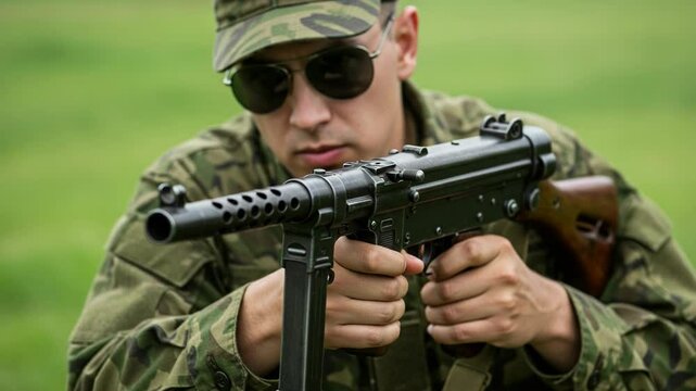 A soldier aims a vintage mp40 submachine gun