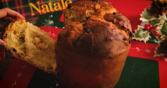 High-quality video, close-up of a Christmas panettone with a blurred background effect