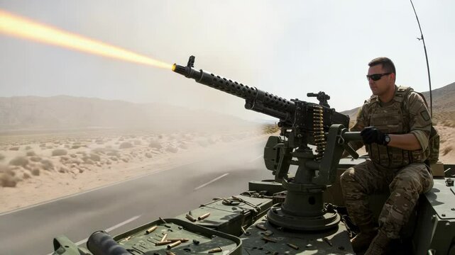 A soldier fires a heavy machine gun in the desert