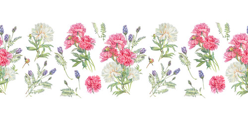 Watercolor seamless border with blue purple wildflower astragalus and milk pink peony on white background. Hand-drawn spring and summer flower. Rim with bouquet for florist or wrapping and wallpaper