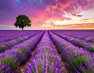 Obraz premium Stunning lavender field landscape Summer sunset with single tree