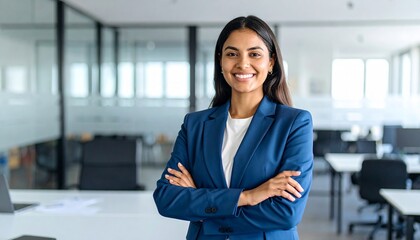 A confident Latin American businesswoman stands smiling in a modern office - radiating professionalism, success, and readiness in a contemporary corporate environment