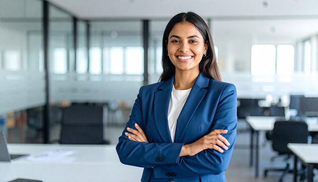 A confident Latin American businesswoman stands smiling in a modern office - radiating professionalism, success, and readiness in a contemporary corporate environment