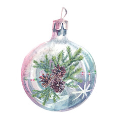 Watercolor hand-drawn blue green shiny Christmas decoration ball with fir tree and pine cone isolated on white background. Toy clipart with branch for New Year celebration. Wallpaper or wrapping