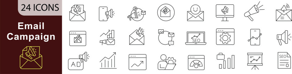 Email Campaign Line Icons Set with Editable Stroke for Digital Marketing and Online Communication