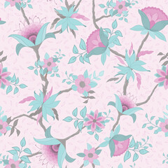 Trailing Vines of Fantasy Flowers in Shades of Pinks with Teal Green Leaves on a Pale Pink Background creating a seamless pattern print