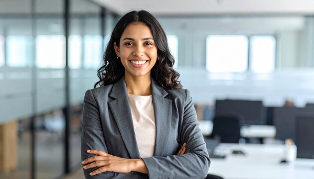 A confident Latin American businesswoman stands smiling in a modern office - radiating professionalism, success, and readiness in a contemporary corporate environment - Powered by Adobe