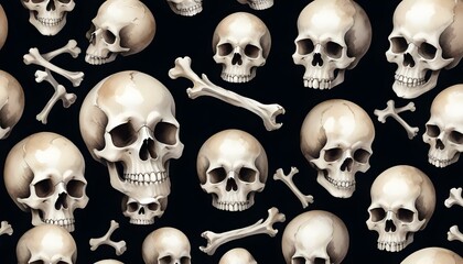 A striking black background adorned with a pattern of skulls and bones, ideal for Halloween-themed designs and decor