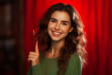 Naklejka premium Portrait of a smiling woman with curly brown hair and green shirt pointing upward in front of red