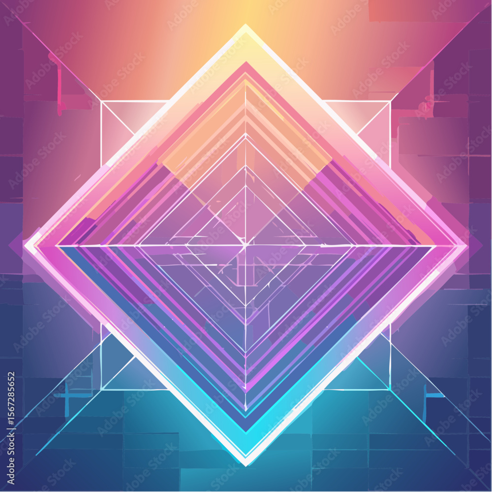 Poster abstract geometric design featuring a diamond shape with vibrant gradient colors, overlaid with a gr