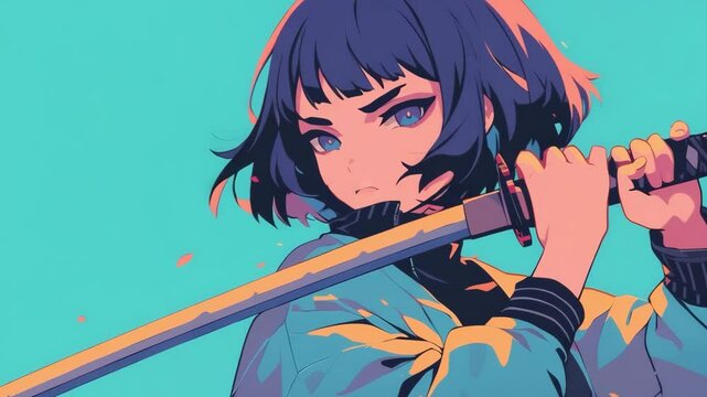日本刀を構えるアニメ風の女の子