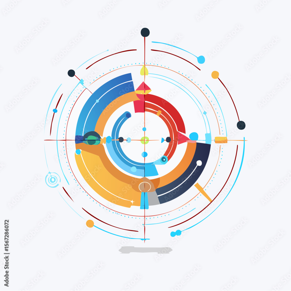 Poster abstract circular design with colorful segments and interconnected lines, radiating from a central p