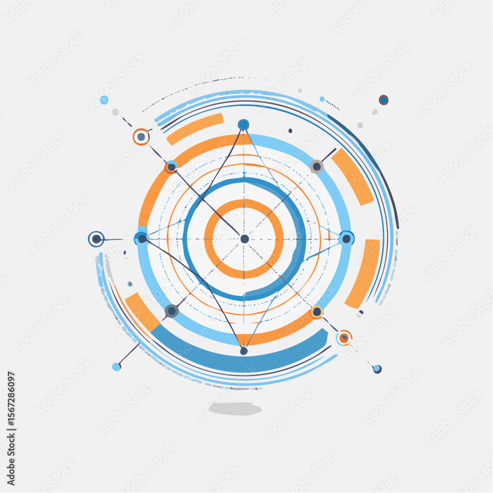 Poster abstract circular design with interconnected lines and dots in blue and orange, set against a light 