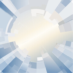 Abstract geometric design featuring blue and white shapes radiating from a central light source, creating a futuristic or technological feel.