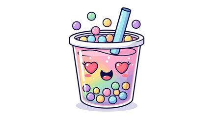 Kawaii Bubble Tea Cup with Heart Eyes and Colorful Pearls