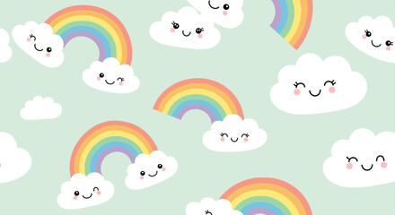 Seamless Pattern of Smiling Clouds and Rainbows on Light Green Background