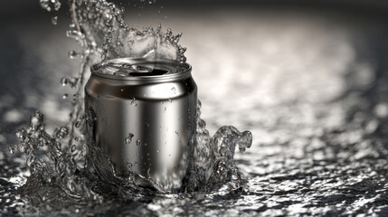 3D rendering of a metallic can dropping into fresh clear water with dynamic splash effect, showing visual impact, fluid motion, clean energy concept, environment awareness, simulation illustration