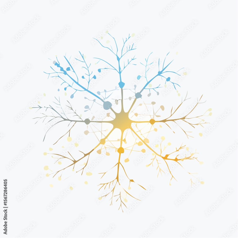 Poster abstract neural network graphic; interconnected nodes forming a symmetrical, branching pattern in co