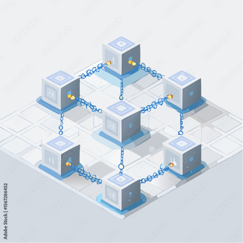 Poster isometric illustration of interconnected cubes with chains, representing a network or blockchain con