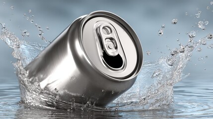 3D rendering of a metallic can dropping into fresh clear water with dynamic splash effect, showing visual impact, fluid motion, clean energy concept, environment awareness, simulation illustration