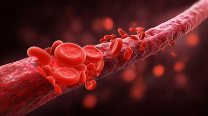 3D illustration of blood clot blocking red blood cell flow inside artery or vein, concept of thrombosis, cardiovascular disease, circulation, human health and medical pathology