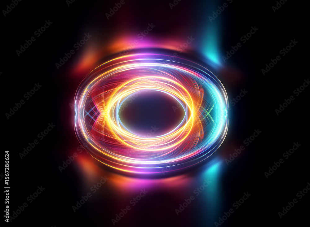 Poster vibrant oval of luminous energy swirls against a dark backdrop. bright, multicolored light emanates 