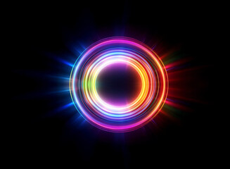 Vibrant concentric circles of light glow brightly on black, creating a futuristic abstract design with radiant and vivid colors, resembling a luminous portal.