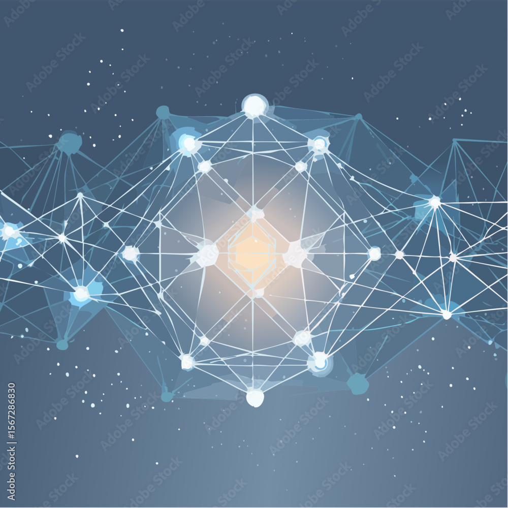 Poster abstract network illustration with interconnected nodes and lines, creating a complex, glowing, and 