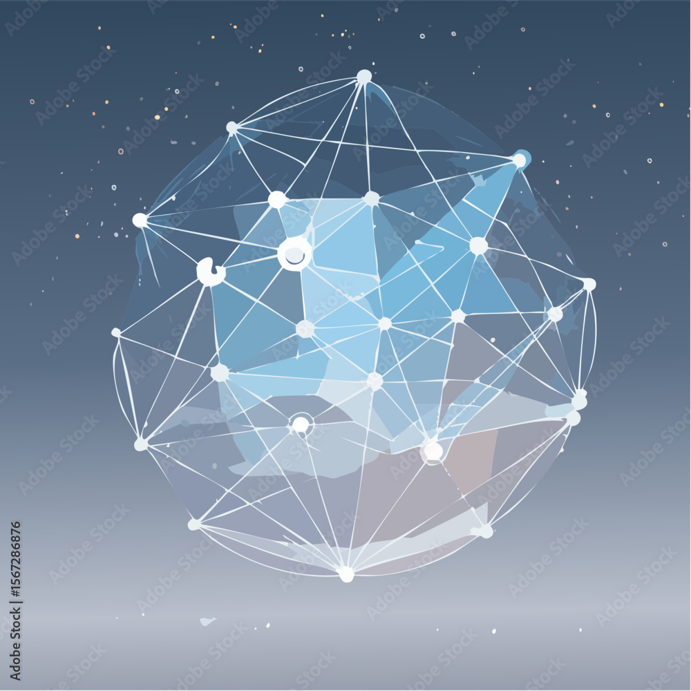 Poster abstract representation of a sphere, composed of interconnected lines and shapes, against a muted ba