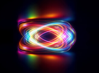 Abstract swirling energy trails form a glowing abstract oval shape with vibrant colors. Light in motion against a dark background, creating a dynamic visual effect.
