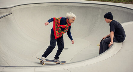 Elderly Woman Skateboarding in Empty Skatepark – Surreal Generational Role Reversal