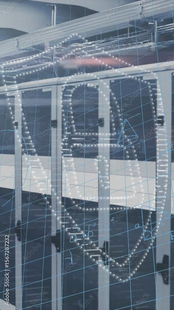 Poster animation of security padlock icon and mathematical equations against computer server room