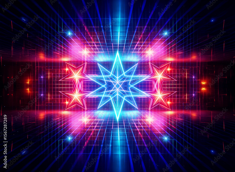 Aufkleber vibrant neon lights form a symmetrical star shape against a grid backdrop, creating a digital and ab