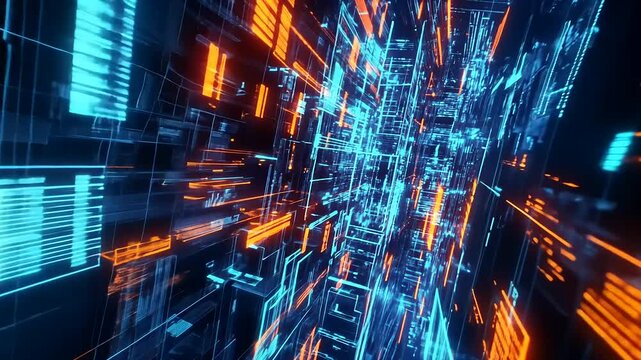 Abstract digital landscape with vibrant blue and orange lines representing data flow and technology
