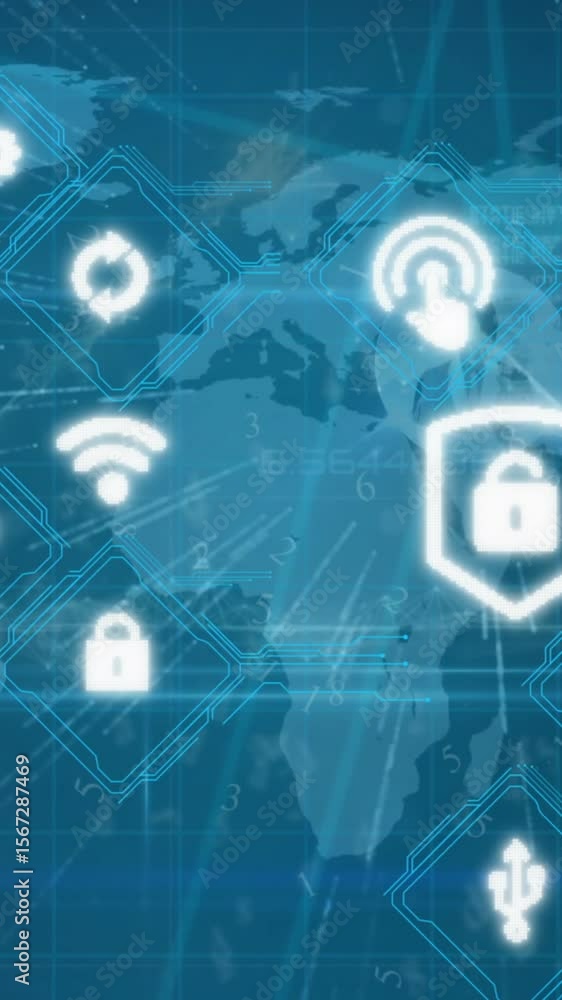 Poster animation of multiple digital icons over world map against blue background